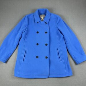 L.L.Bean Coat Womens XL Blue Fleece Pea Coat Double Breasted Pockets Nylon Lined